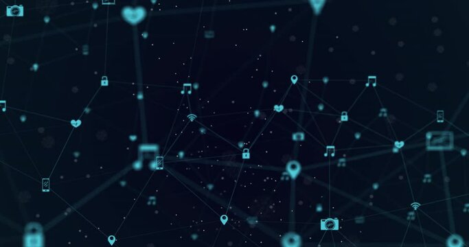 Animation of blue network connections with multimedia icons on black background