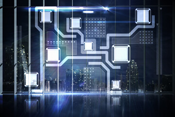 Hologram interface in office overlooking city