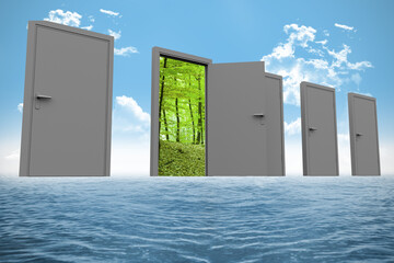 Digital composite of doors in a row on sea 