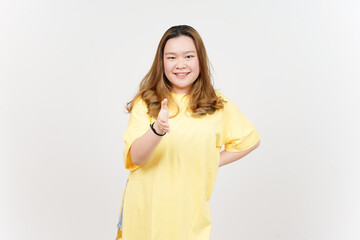 Offering Handshake of Beautiful Asian Woman wearing yellow T-Shirt Isolated On White Background