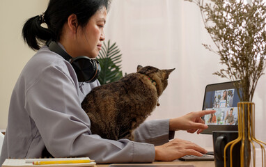 asian woman video conference  with colleague online with tablet and hug her cat at home