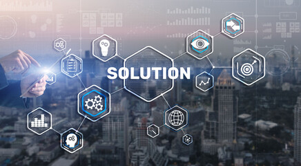 Solution. Businessman pressing on touch screen interface inscription Solutions. Business concept. Internet concept