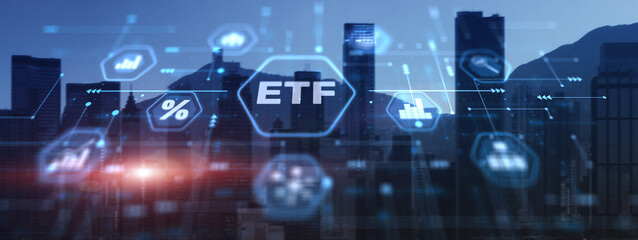 ETF Exchange traded fund Investment finance concept on city background