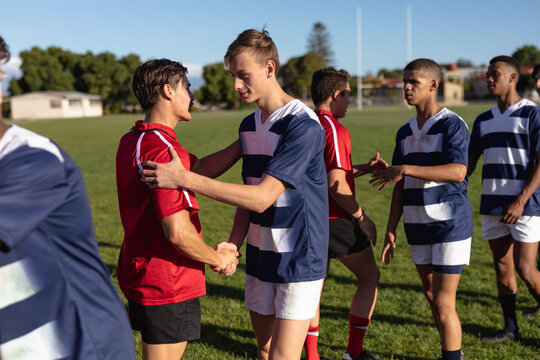 Rugby players shaking hands before starting a match