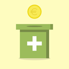 Fototapeta premium Eine grüne Spendenbox mit einem weißen Kreuz drauf und oben ist eine Münze abgebildet.