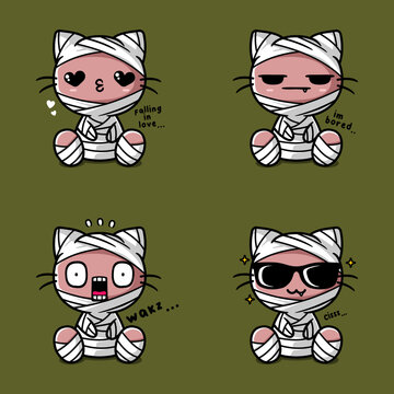 vector illustration of cute cat mummy emoji