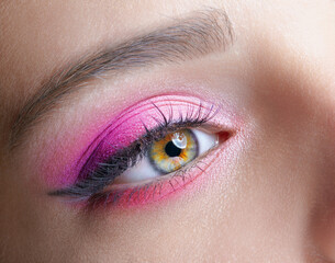 Obraz premium Closeup macro shot of human female eye with pink eyes shadows
