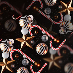 3d render of a christmas kaleidoscope pattern featuring candy canes, decorative balls and stars against a dark background in high resolution. 6000 x 6000px