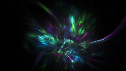 Abstract green and violet blurred lights. Fantastic space background. Digital fractal art. 3d rendering.