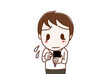 （上半身正面）スマホの画面を見て操作し、涙目になる男性