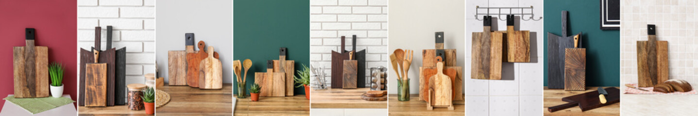 Collage of wooden cutting boards in interiors of kitchen