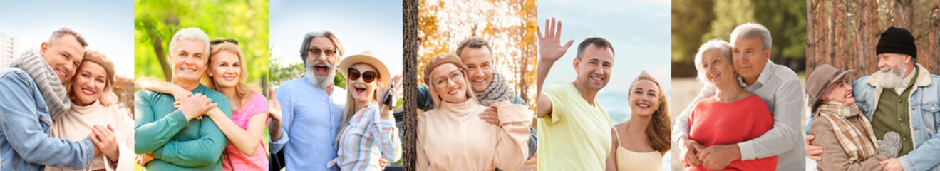 Collage with happy mature and elderly couples outdoors