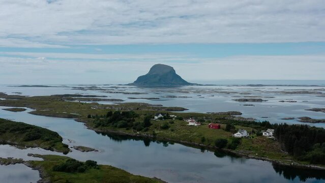 Tranquil Scenery Of Lovund In Nordland County, Norway - aerial drone shot