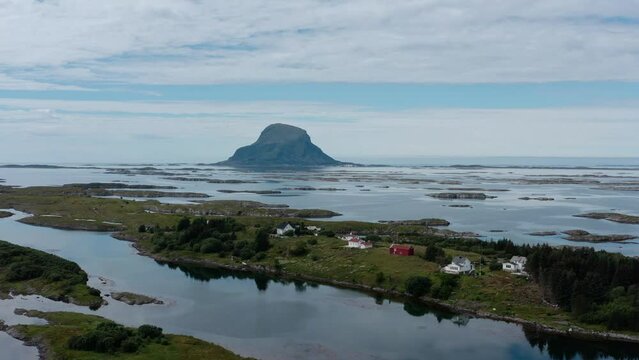 Aerial View Of Lovund, an island and village in the municipality of Lur&oslash;y in Nordland county, Norway - drone shot