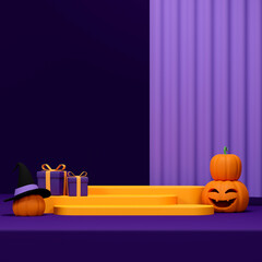 3d rendering mockup of yellow podium in square with pumpkin, gift box, and purple background
