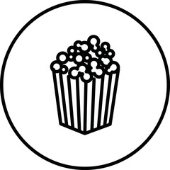 Popcorn bag, movies, food, in circle black and white outline button, line icon vector illustration