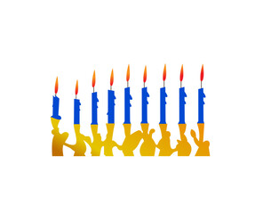 Happy Hanukkah banner, template for your design. Hanukkah is a Jewish holiday. Greeting Card with Menorah, Sufganiyot, Dreidel. Hanukkah cartoons set. Cute clipart collection of cartoon Hanukkah symbo