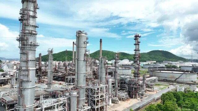 Oil Refinery Gas Chemical Equipment Prodiction import export Concept, Crude Oil Refinery Plant Steel Pump Pipe line and Chimney and Cooling tower, Chemical or Petrochemical Factory plant, industry
