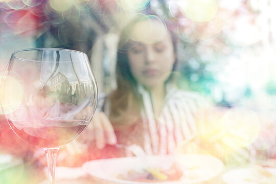 red wine lunch girl cafe lifestyle, summer outdoor restaurant, mediterranean food