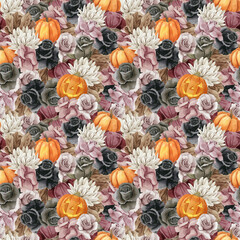 Fototapeta premium Watercolor seamless patterns for halloween with pumpkins and dark flowers. Black background. Perfect for Halloween illustrations.
