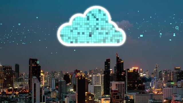 Cloud computing technology and online data storage for alteration data sharing . Computer connects to internet network server service for cloud data transfer shown in 3D futuristic graphic interface .