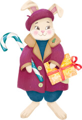 Funny and bright winter illustration - rabbit in a jacket and a hat holding candy...