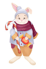 Funny and bright winter illustration - rabbit in a jacket and a hat holding candy...