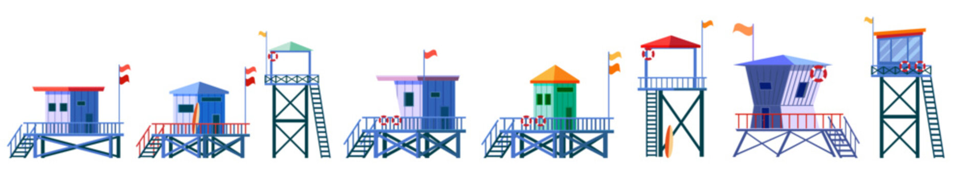 Set of Lifeguard Tower icons. Station beach building
