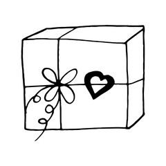 gift box with ribbon and bow isolated on white. hand drawn in doodle style.