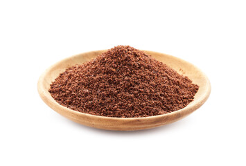 cocoa or cacao powder in wood plate isolated on white background. heap of cocoa seed or cacao powder in wood bowl isolated on white background