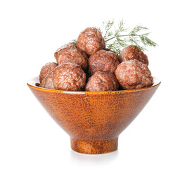 Bowl with tasty meat balls and dill on white background