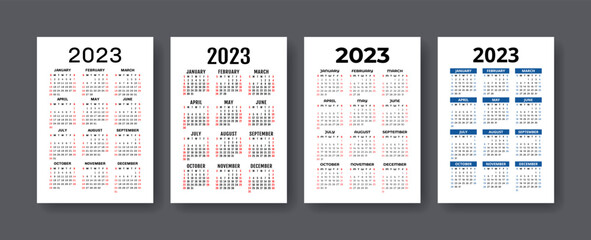 Calendar 2023 year set. Vector vertical template collection. Ready design. January, February, March, April, May, June, July, August, September, October, November, December