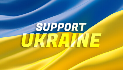 Support Ukraine text flag theme. Waving national flag of Ukraine. Waved highly detailed close-up 3D render.