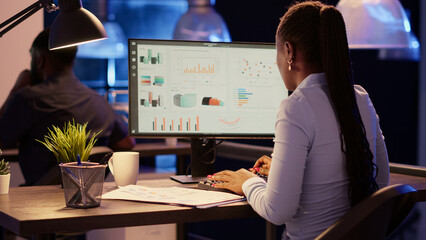 African american woman analyzing business charts on computer, using online information to plan company presentation and report. Working on startup project with data analysis at night.
