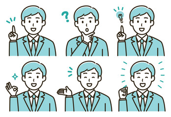 スーツの男性の表情バリエーションのイラストセット（水色バージョン）