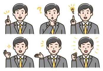 スーツの男性の表情バリエーションのイラストセット（肌色ありバージョン）