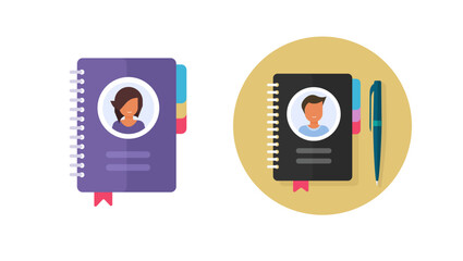 Contact book notepad icon vector or ring notebook spiral diary paper with address catalogue, pen and pencils clipart modern flat illustration image