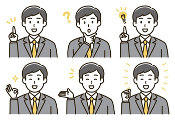 スーツの男性の表情バリエーションのイラストセット（肌色なしバージョン）