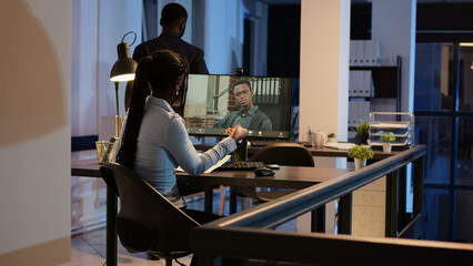 African american people meeting on online videoconference with webcam, talking on remote videocall...