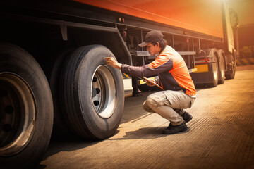 Auto Mechanic is Checking the Truck's Safety Maintenance Truck Wheels Tires. Truck Inspection...