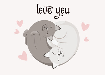 Card with cute cats. Love you. Cartoon design.