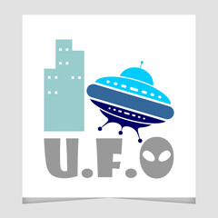 Fun UFO in the city illustration graphic design element