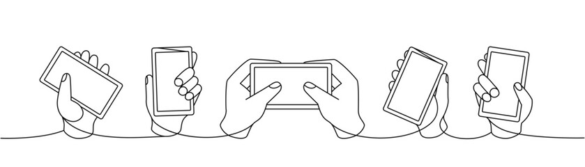 Set of hand holding smartphone one line continuous drawing. Hand with phone continuous line set illustration. Vector minimalist linear illustration