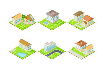 Suburban House with Greenways Isometric Cityscape Vector Set