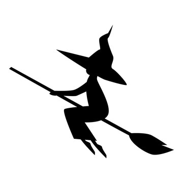 Black silhouette of the witch flying on the broom. Halloween character. Vector illustration.
