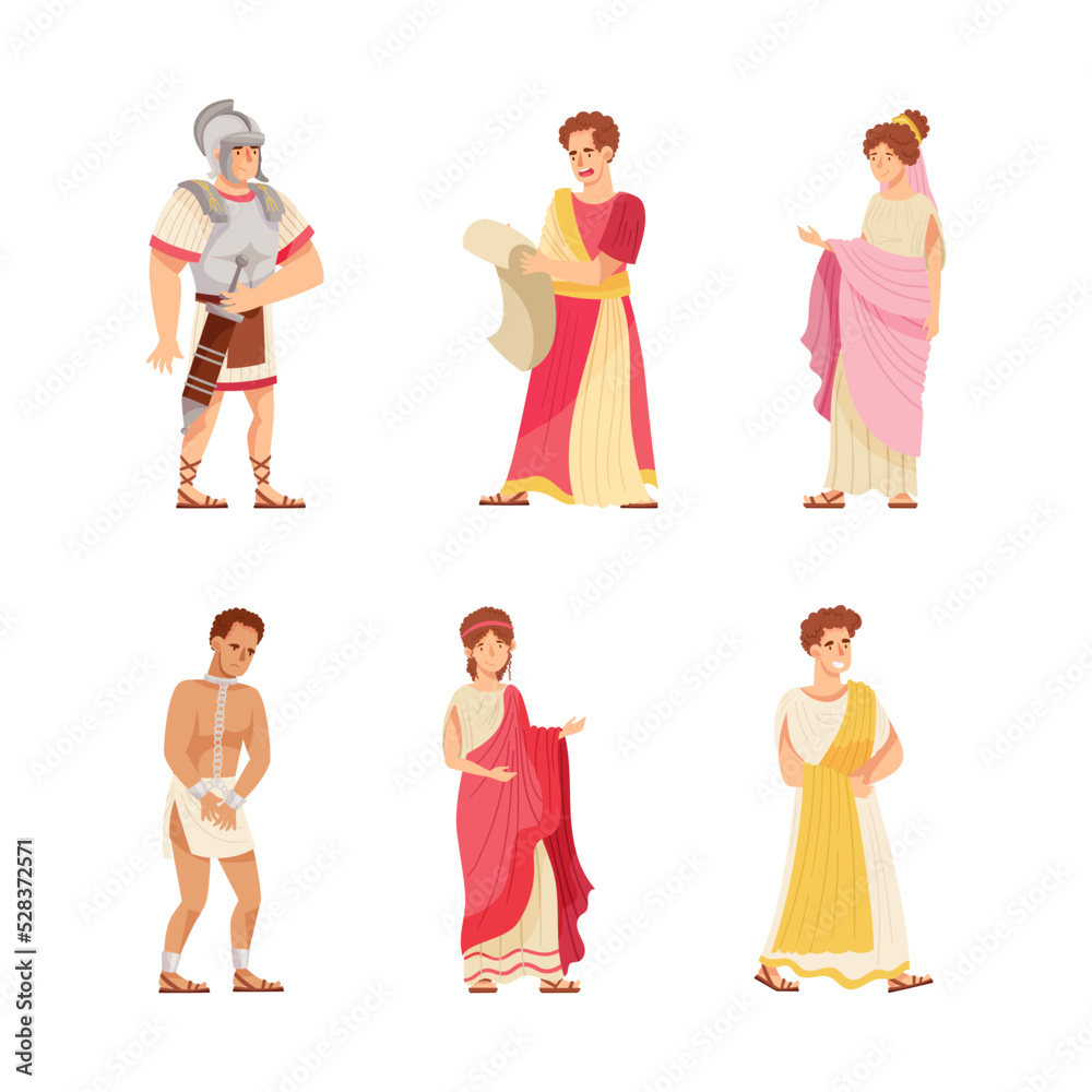 Wall mural Roman Citizens Character Wearing Long Tunic and Sandals as Traditional Clothes Vector Set