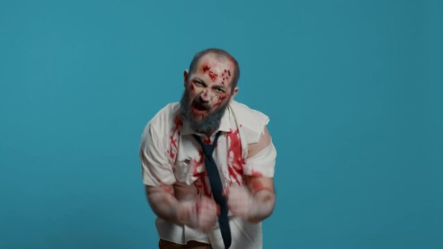 Dangerous fighter zombie air boxing alone on blue background. Scary and aggressive brain dead monster throwing imaginary punches at enemy while growling at camera. Studio shoot