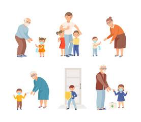 Fototapeta premium Cute Little Children Loving and Protecting Their Family Members Vector Set