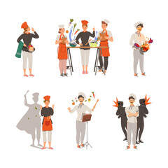 Obraz premium Young Man and Woman Chef Master Cooking Food and Preparing Dishes of Haute Cuisine Vector Illustration Set