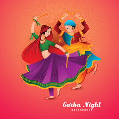 Illustration of couple playing dandiya in disco garba night celebration background